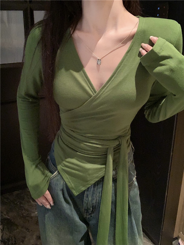 實拍～ 設計感百搭V領長袖收腰綁帶小眾T恤純色不規則上衣女