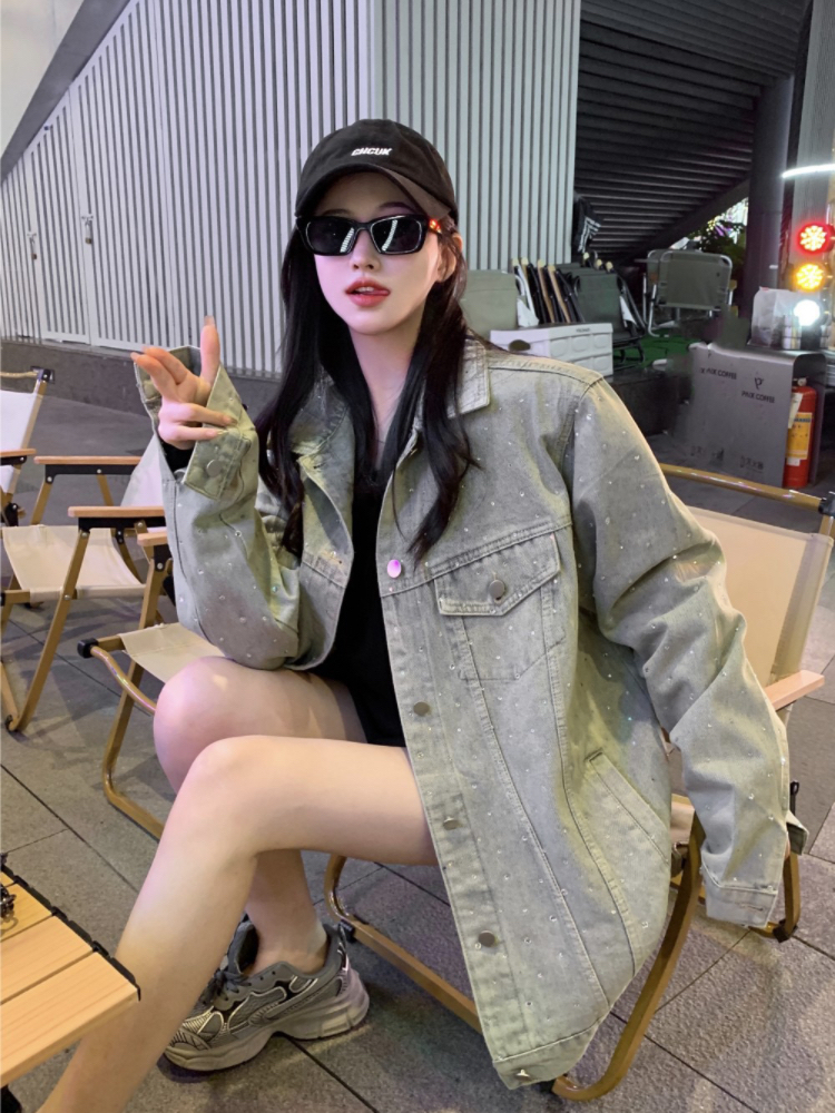 小眾高級感燙鑽牛仔外套女2023秋季新款寬鬆百搭休閒減齡夾克上衣