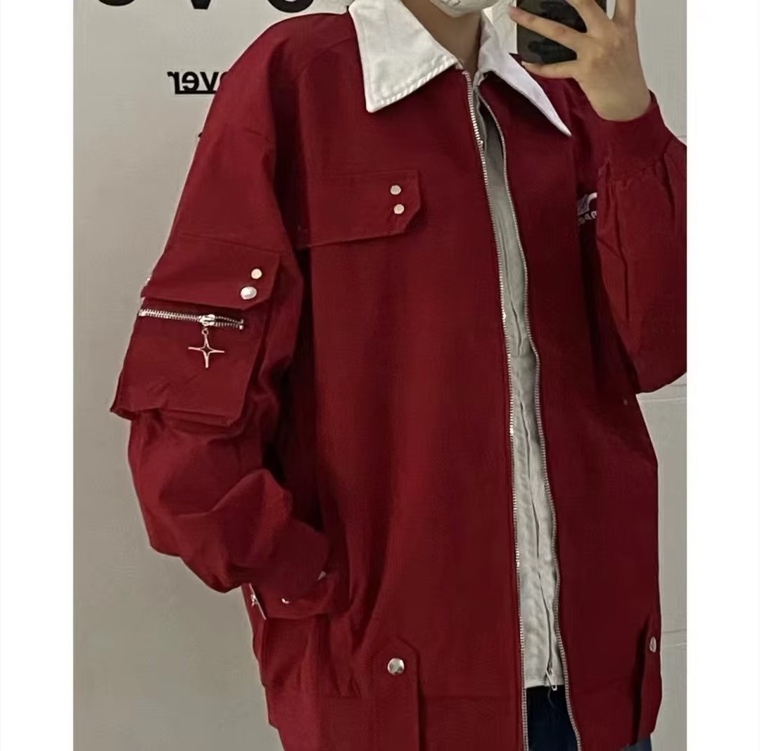 American retro red bomber jacket for women loose trendy brand handsome workwear couple baseball uniform jacket spring and autumn