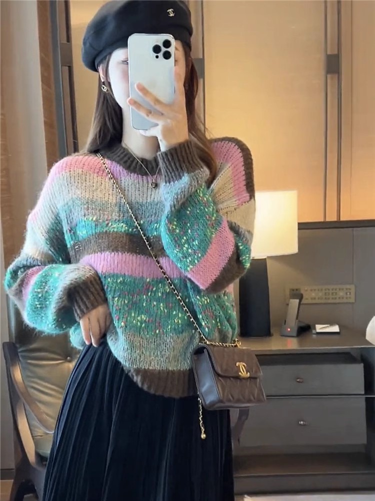 秋冬新款寬鬆條紋針織衫毛衣圓領厚款時尚彩色女秋裝搭配百搭上衣