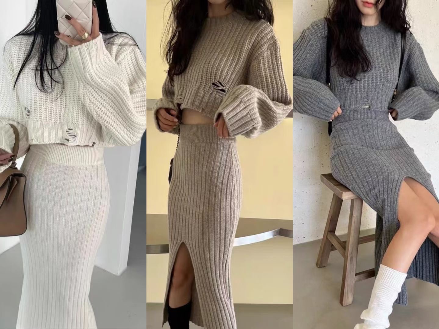 韓國代購女裝2023秋款優雅文藝不規則下擺寬鬆針織衫+半身裙套裝