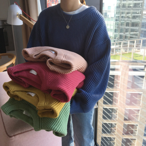 韩国13色基础款纯色慵懒宽松粗针套头毛衣厚针织衫女