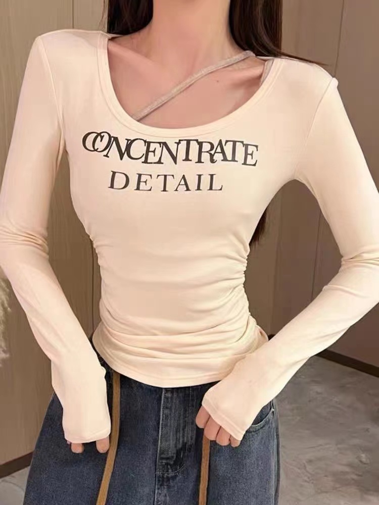 美式復古字母印花長袖t恤女秋季性感修身辣妹短款內搭打底衫上衣