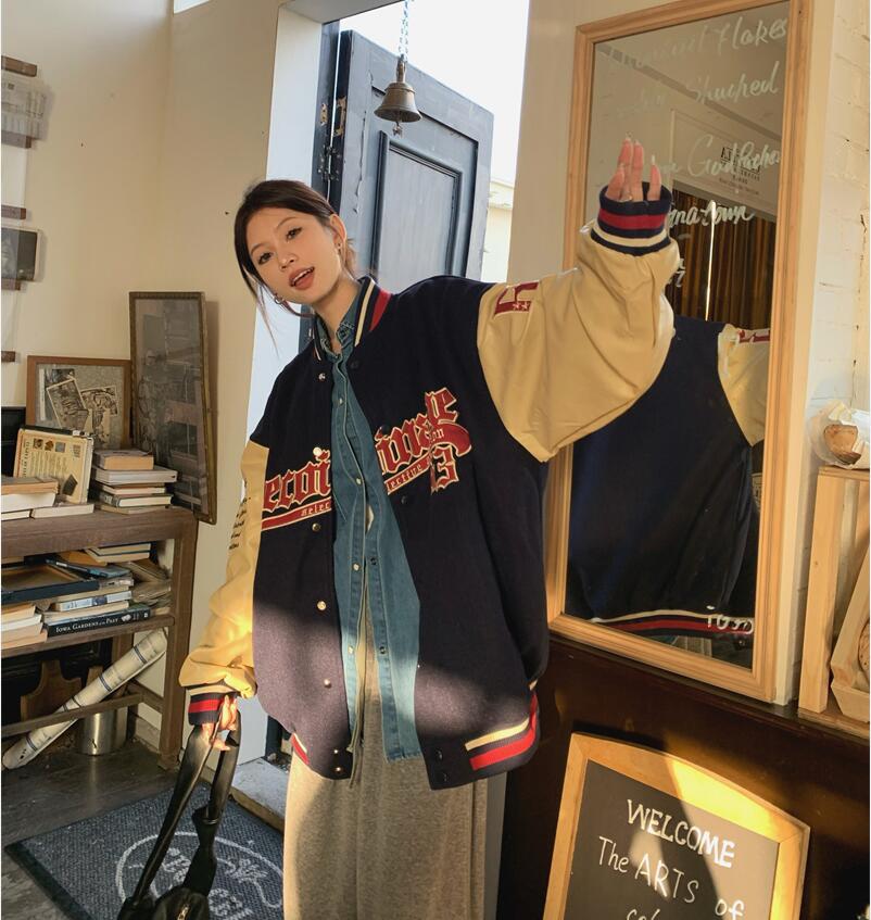 實拍 美式秋冬撞色立領毛呢棒球夾克寬鬆字母刺繡外套
