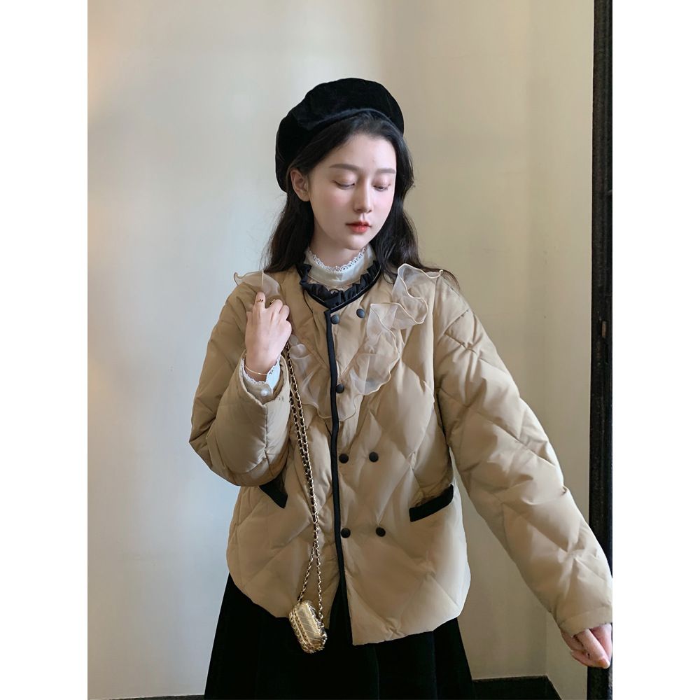 菱格棉衣棉服女冬2023新款設計感小眾小個子日系復古輕薄短款外套