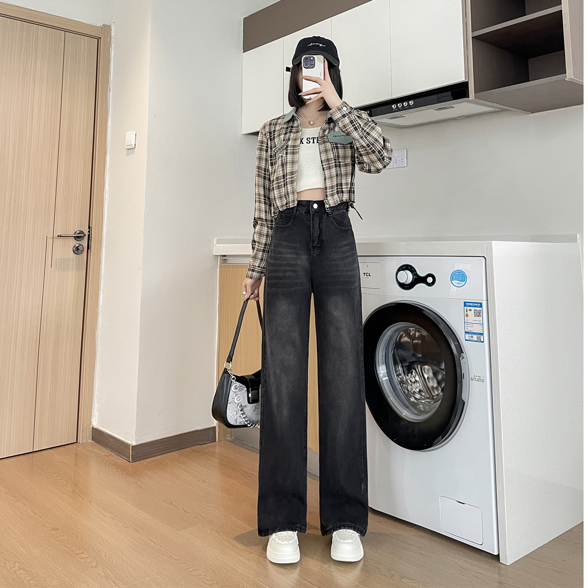 美式高街oversize牛仔褲女小個子春秋新款顯瘦寬鬆微喇闊腿褲