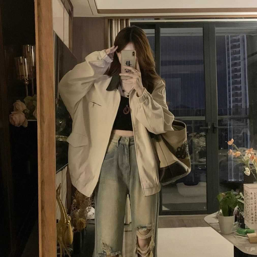 American retro lapel jacket for women in spring and autumn, loose and versatile, trendy brand embroidery, contrasting color, early autumn baseball uniform top