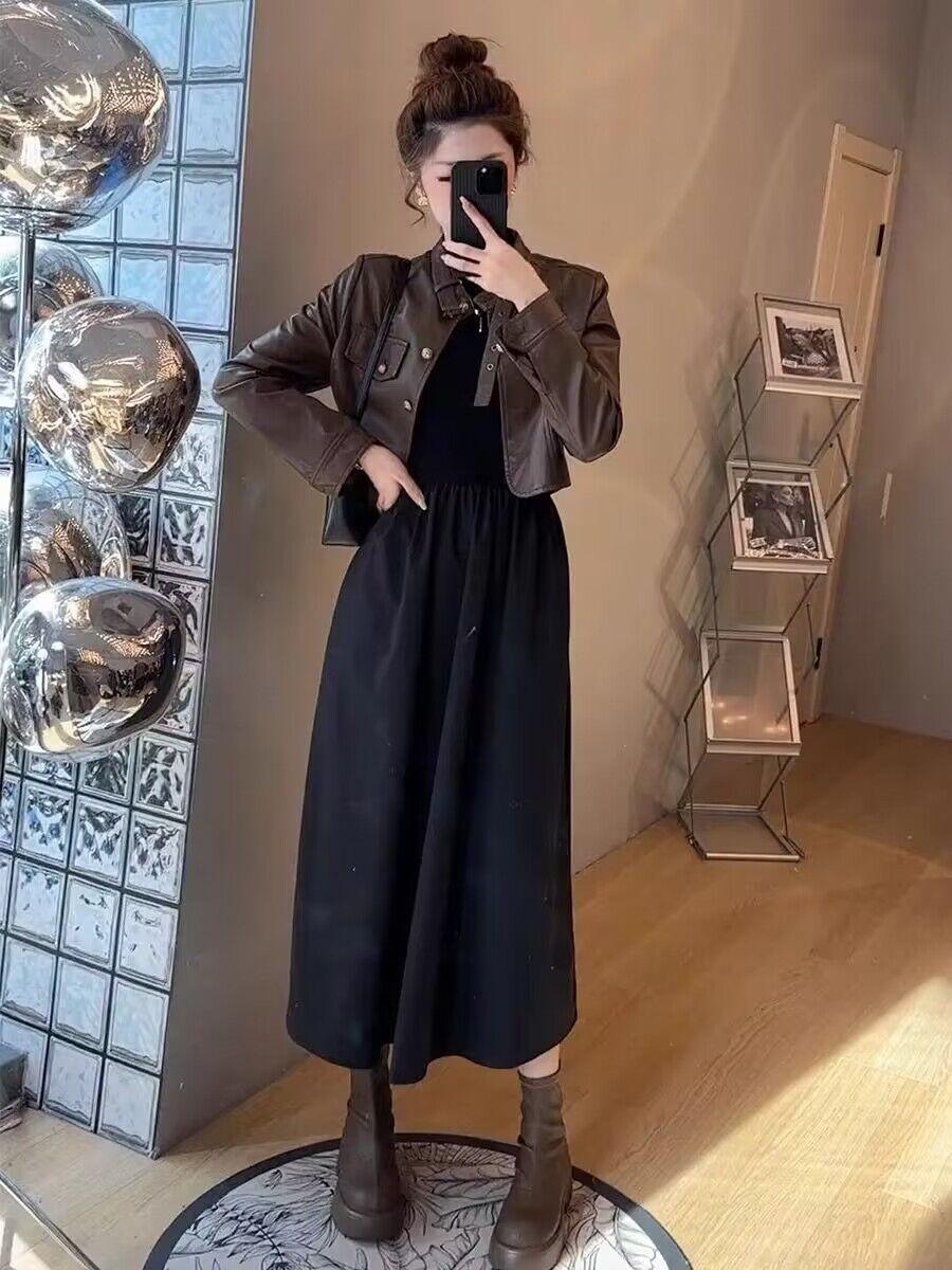 百搭時尚休閒設計感立領皮衣短外套女2023秋冬新款外套+裙子套裝