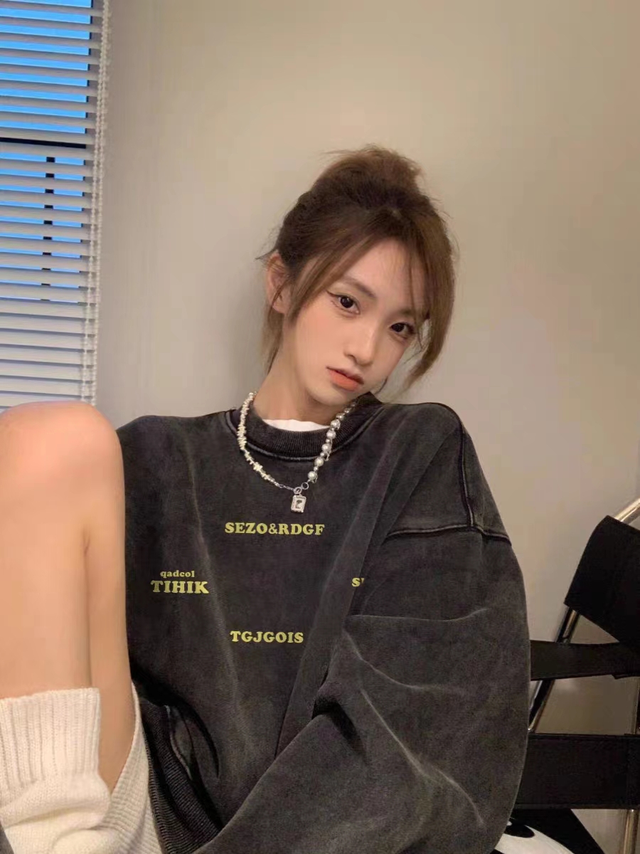 水洗灰純棉美式衛衣oversize小眾高街潮牌ins春秋寬鬆慵懶上衣女
