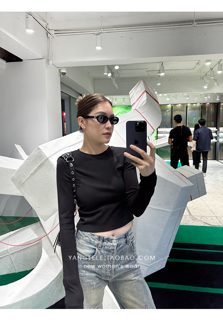 YANGLE_短款長袖打底衫女2023年秋冬新款修身顯瘦內搭彈力T恤上衣