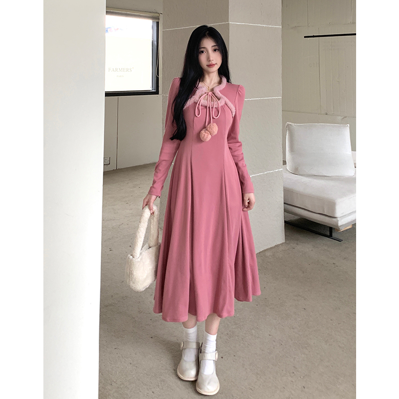 秋冬打底甜美X型長袖連衣裙純色毛毛套頭連衣裙