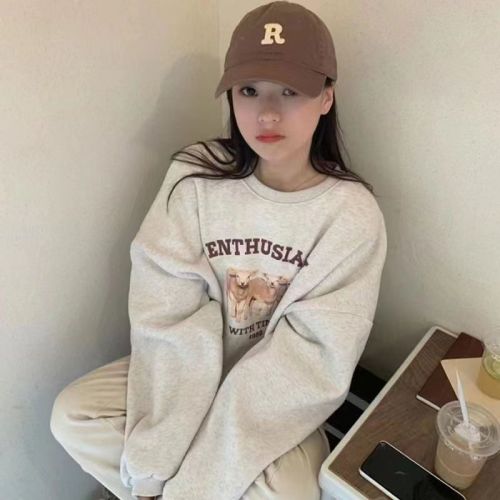 Cartoon Simple Printed Round Neck Sweater Female Students Loose All-match Lazy Pullover Long-sleeved Top Trendy