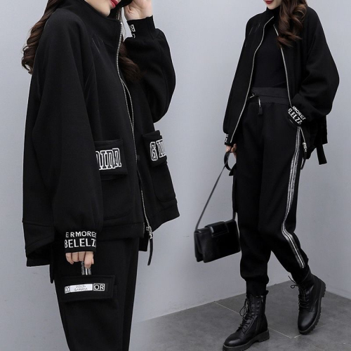 黑色秋冬运动套装大码女装加绒卫衣外套宽松洋气欧货休闲两件套裤
