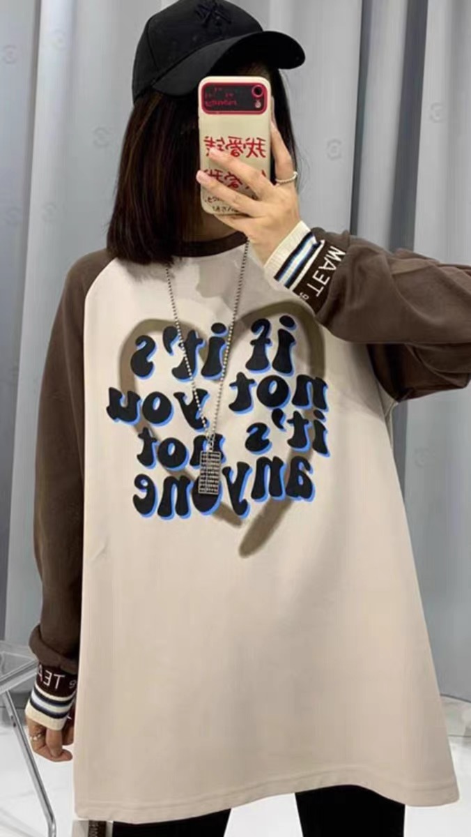 愛心字母印花撞色拼接中長款加絨T恤女2023秋冬寬鬆大版打底衫