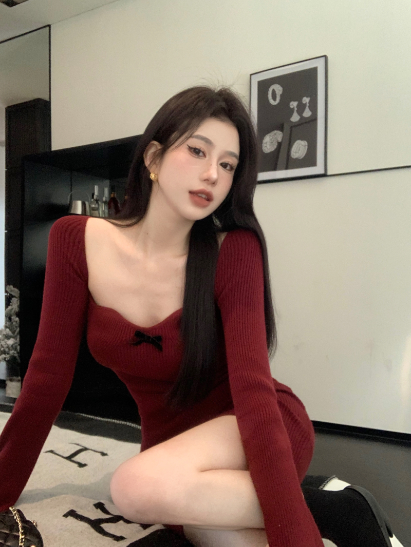 實拍 兔絨修身性感方領打底毛衣針織連衣裙女