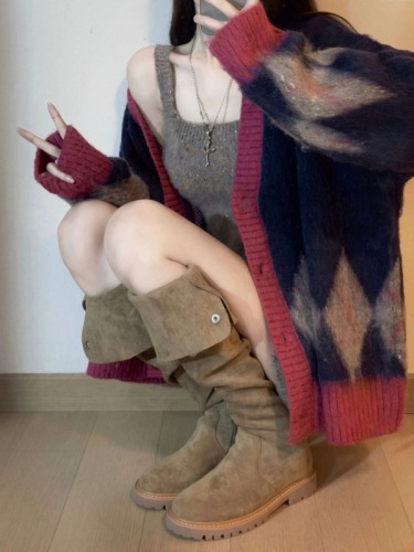 马海毛针织开衫女秋冬新款奶系穿搭慵懒风学院风菱格毛衣外套