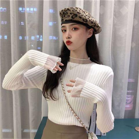 打底衫女秋冬季新款溫柔風半高領網紗拼接喇叭袖針織衫內搭毛衣
