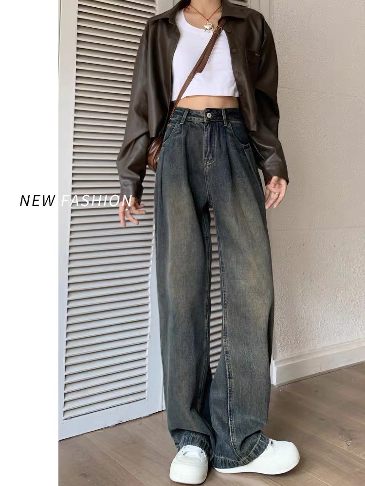 復古闊腿牛仔褲女秋冬2023年新款水泥灰美式高腰寬鬆直筒褲子秋季