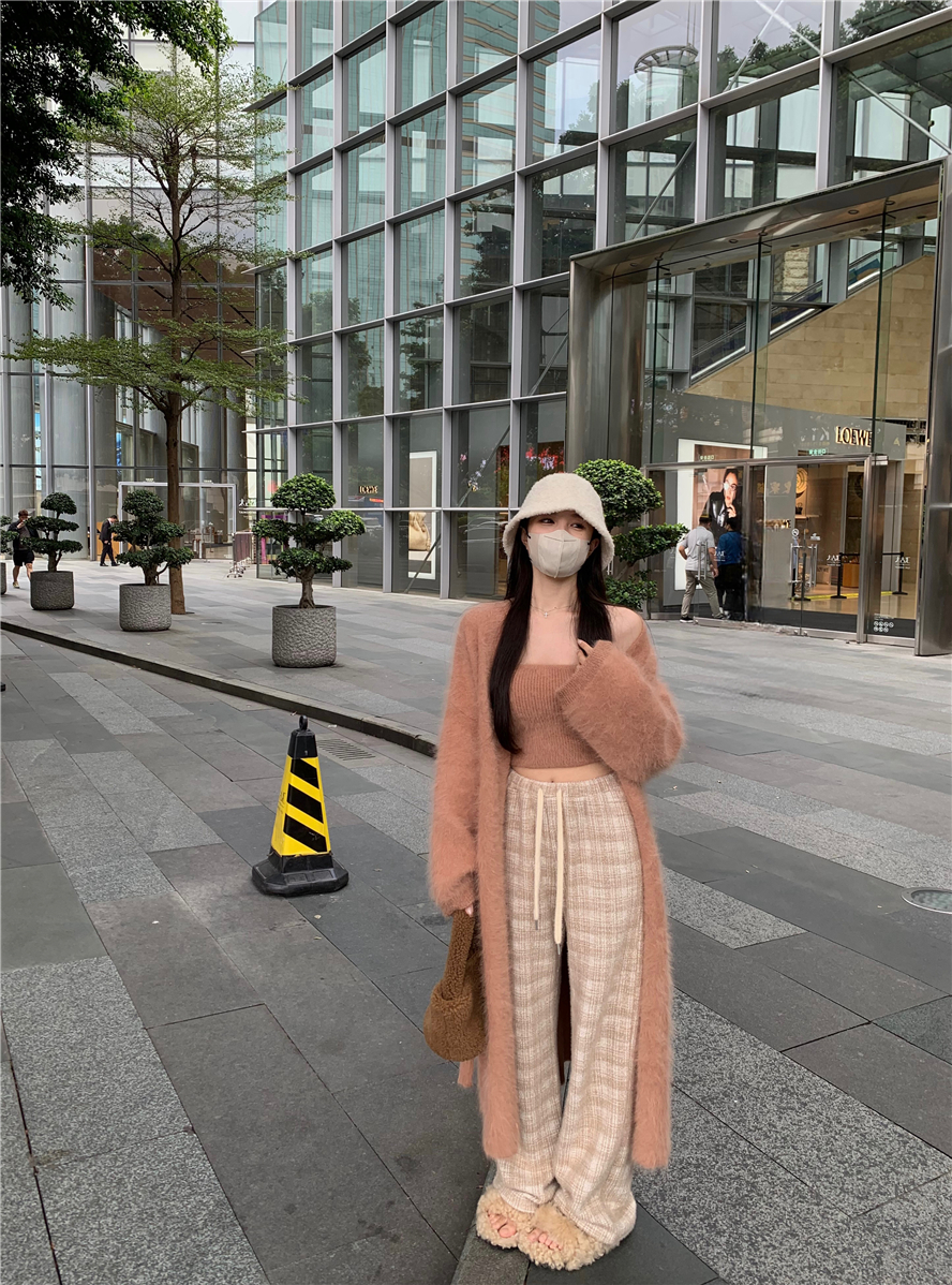 實拍 長毛長款開衫外套女秋冬純欲性感軟糯抹胸 格子褲套裝