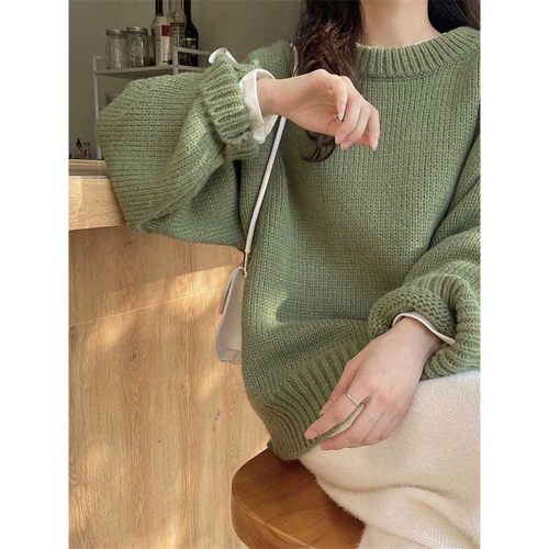 Green round neck pullover sweater for women  new autumn oversize Japanese style lazy retro high-end coat