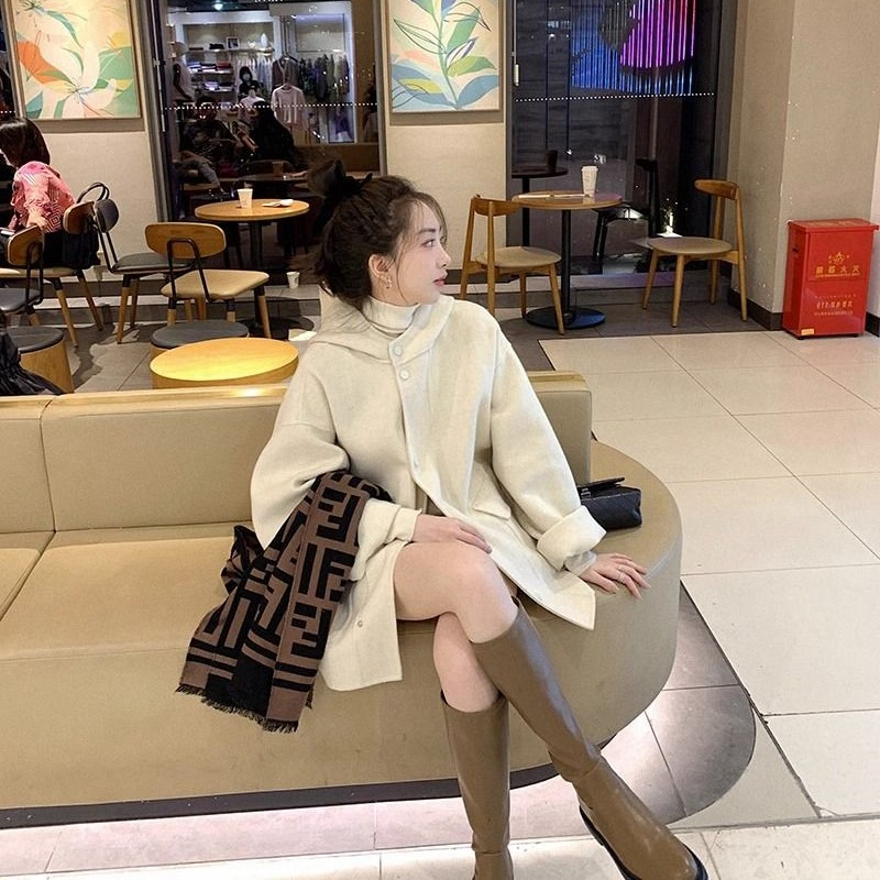 小個子新款大衣女中長款2023秋冬時尚韓版寬鬆連帽設計感毛呢外套