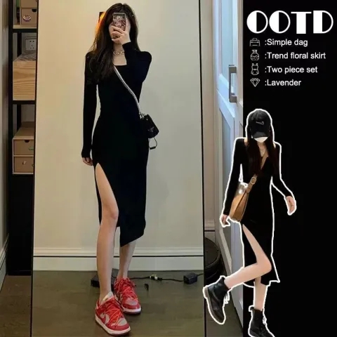 2023秋裝新款修身開叉連衣裙女純欲辣妹包臀裙收腰顯瘦時尚打底裙