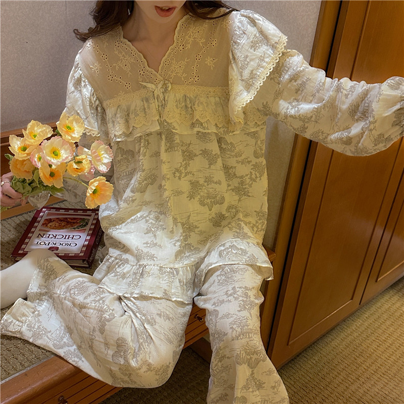 實拍韓版甜美宮廷風飛飛袖國風山水畫雙層軟紗外穿家居服套裝