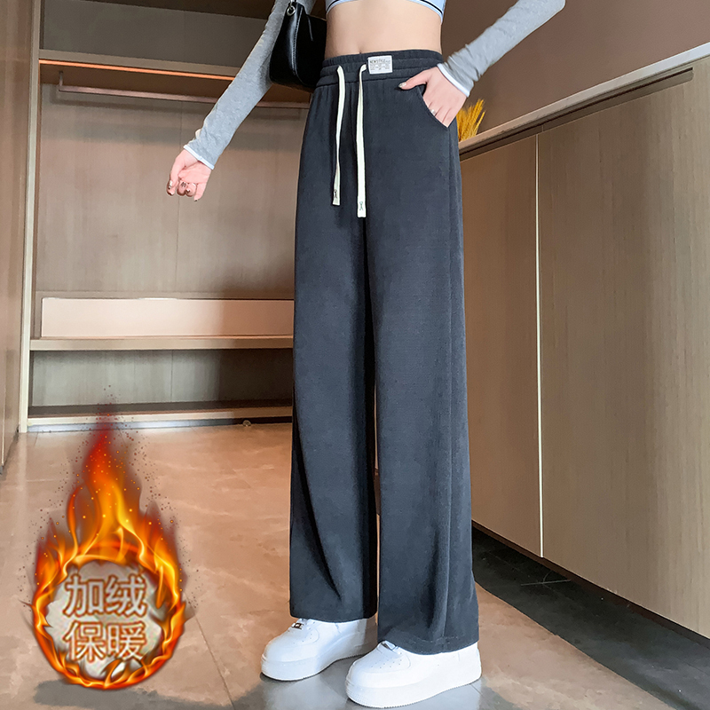 實拍 冬季韓版歐棉絨寬鬆闊腿褲拖地褲休閒加絨運動褲女