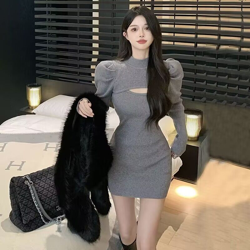 黑色假兩件加厚毛衣連衣裙女裝秋冬鏤空收腰短裙性感包臀裙子
