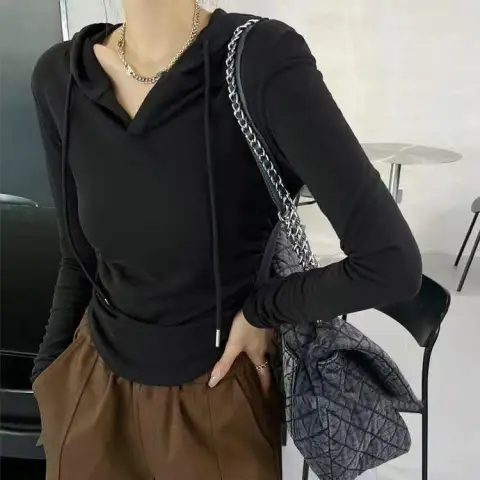 大碼美式辣妹上衣女秋季胖mm顯瘦遮肉短款衛衣氣質長袖連帽T恤女m