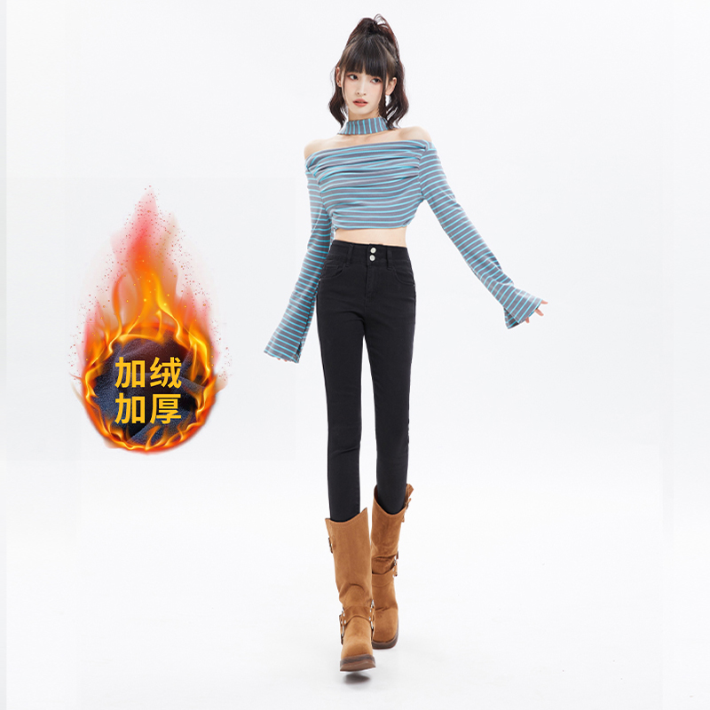 Real shot of velvet high-waisted jeans for women 2023 new tight-fitting feet slimming nine-point pants slim long pants