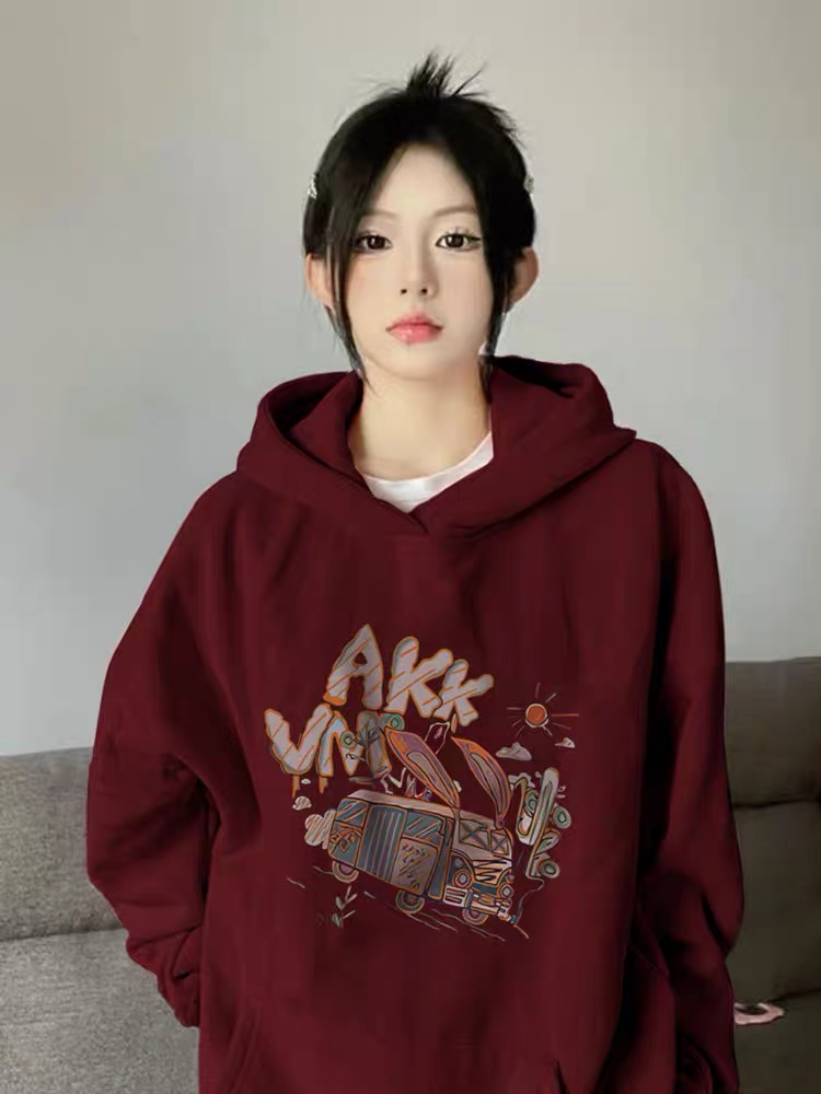 真心牆裂推！很絕！酒紅色衛衣女小個子寬鬆慵懶風秋冬款連帽上衣