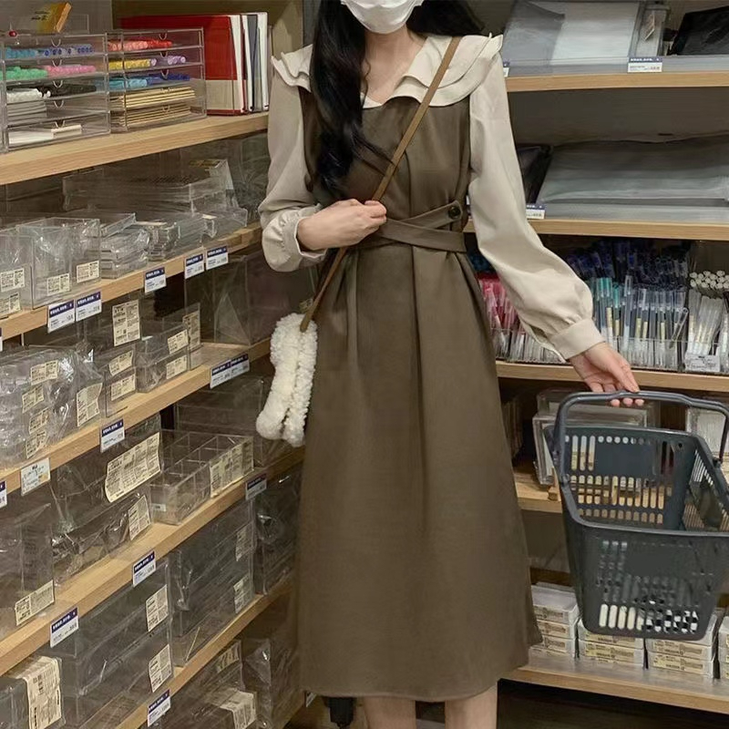 法式復古紐扣拼接雙層領連衣裙女春秋收腰顯瘦中長款A字裙子