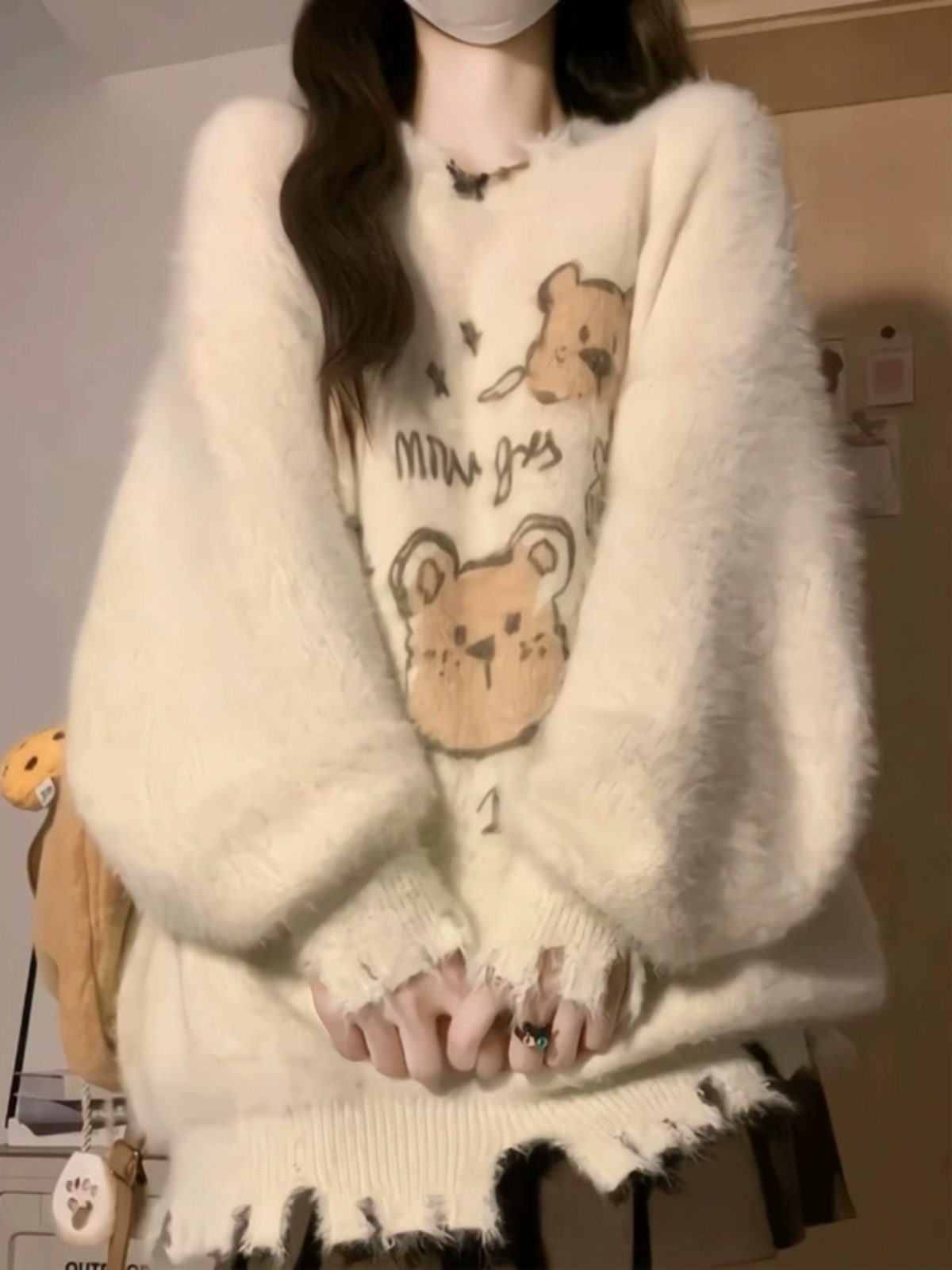 慵懶風可愛卡通提花圓領長袖套頭毛衣女秋冬新款軟糯寬鬆針織上衣