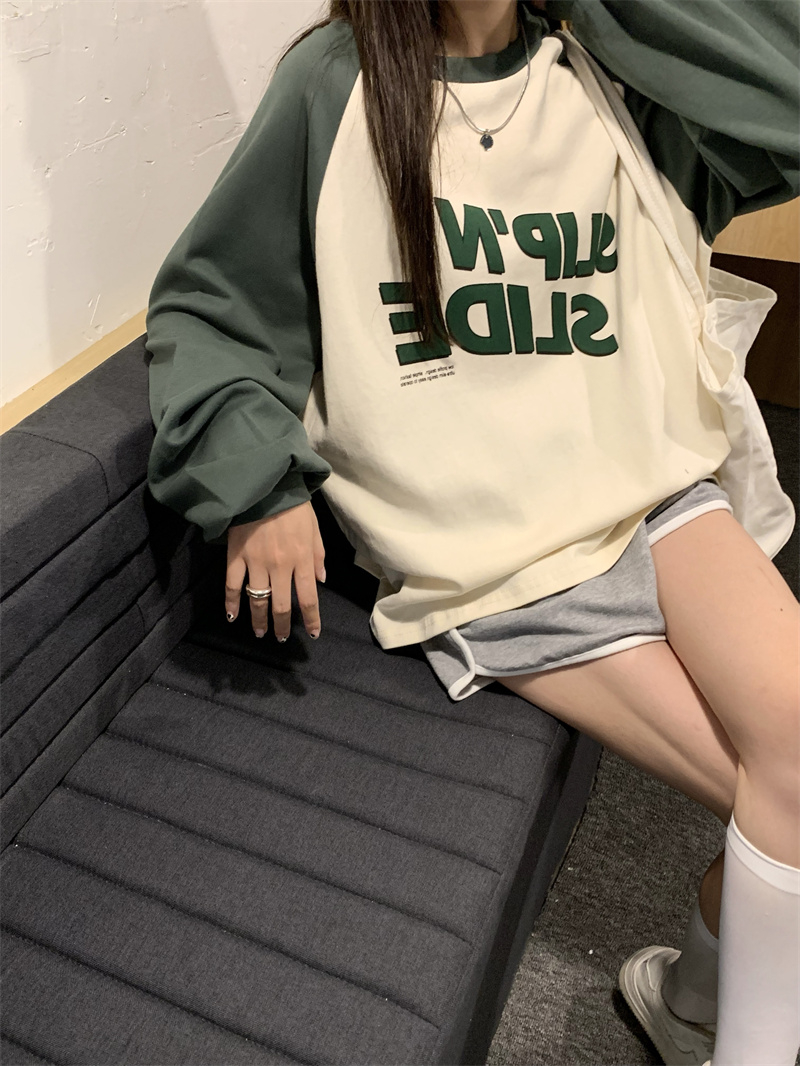 撞色圓領長袖套頭衛衣女春秋季韓版寬鬆bf慵懶風百搭無帽字母上衣