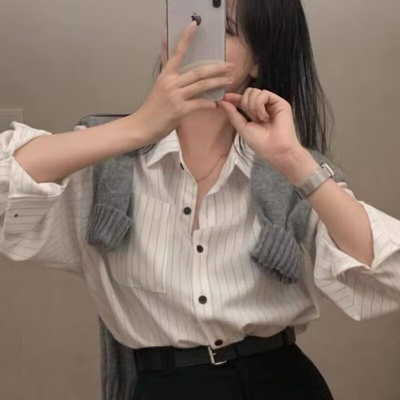 Korean chic autumn age-reducing retro niche design temperament versatile striped long-sleeved shirt women's button-down top