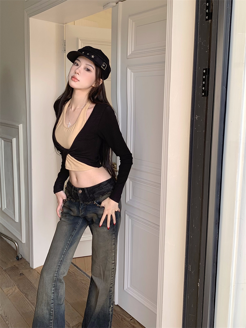 實拍  復古氣質性感辣妹掛脖假兩件上衣