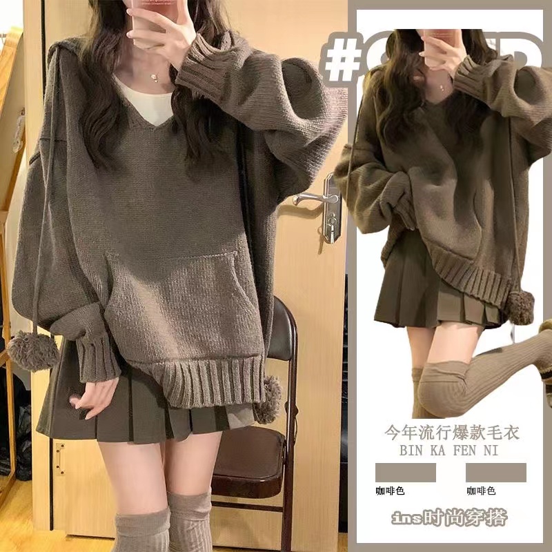 冬裝新款大碼茶系穿搭奶糯風小個子毛衣外穿設計感軟糯針織衫上衣