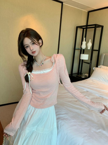 Autumn new fake two-piece elastic ballet age-reducing slimming top for women with bottoming shirt short long-sleeved T-shirt