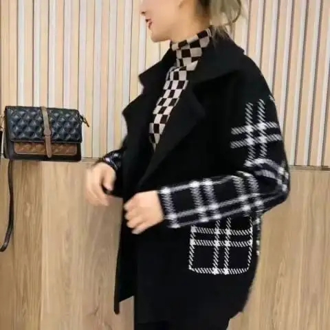 格子毛呢西裝領外套女冬短款小個子2023春秋新款呢子大衣洋氣