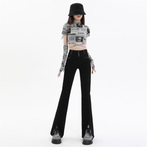 Real shot of autumn women's trousers, small high waist slit trousers,  new spring and autumn bell bottoms, autumn