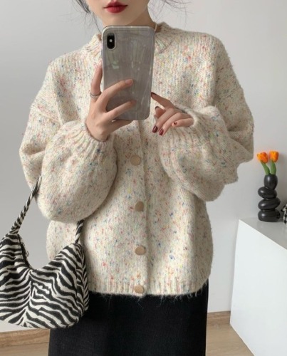 Retro colorful dot sweater cardigan for women loose lazy spring and autumn outer wear round neck sweet age-reducing sweater jacket