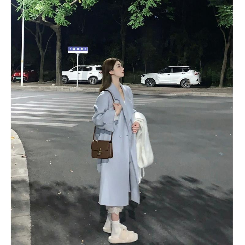 毛呢外套2023新款秋冬小個子氣質加厚長款赫本風藍色呢子大衣女
