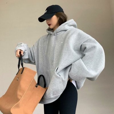 加絨加厚字母印花連帽衛衣女秋冬季寬鬆慵懶風上衣