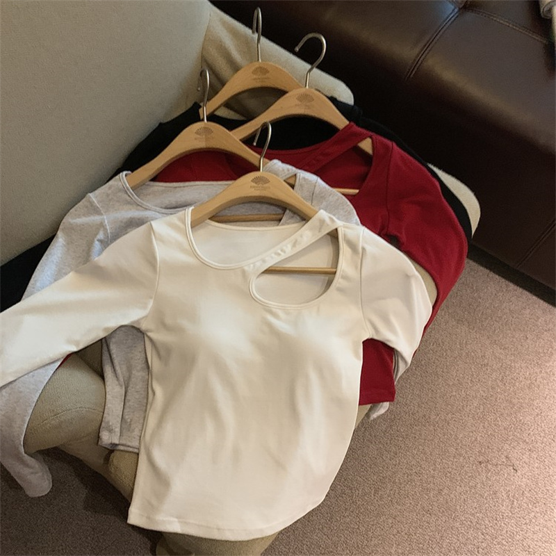 白色帶胸墊長袖t恤女秋冬純欲辣妹鎖骨上衣設計感小眾打底衫內搭