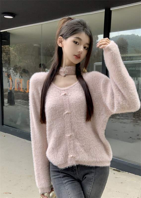 實拍設計感中國風掛脖別致小眾針織毛衣軟糯慵懶風上衣