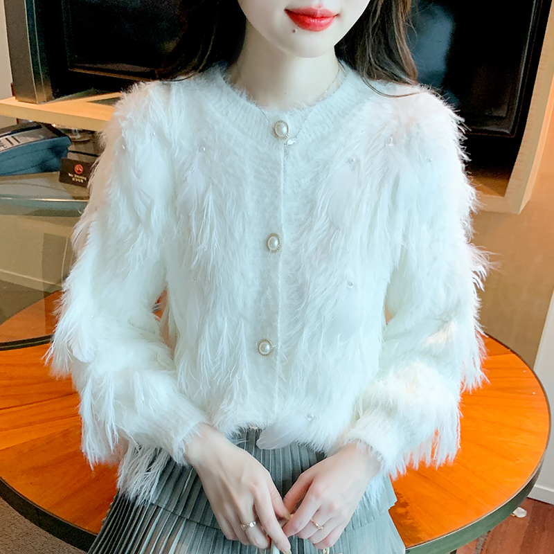 已出貨 2023秋冬新款小香風釘珠羽毛流蘇毛衣外套女針織開衫上衣