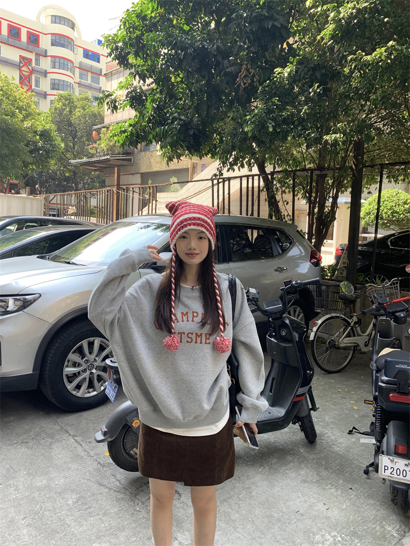 實拍 美式復古個性字母圓領落肩套頭衛衣上衣