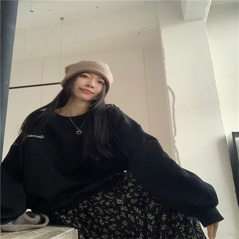 加絨加厚字母印花圓領大碼衛衣女韓版寬鬆百搭休閒慵懶風長袖上衣