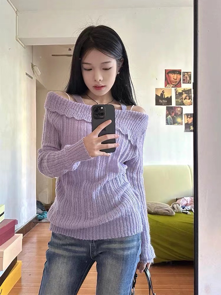 法式紫色一字肩毛衣女秋冬季高級感露肩翻領花邊內搭針織吊帶上衣